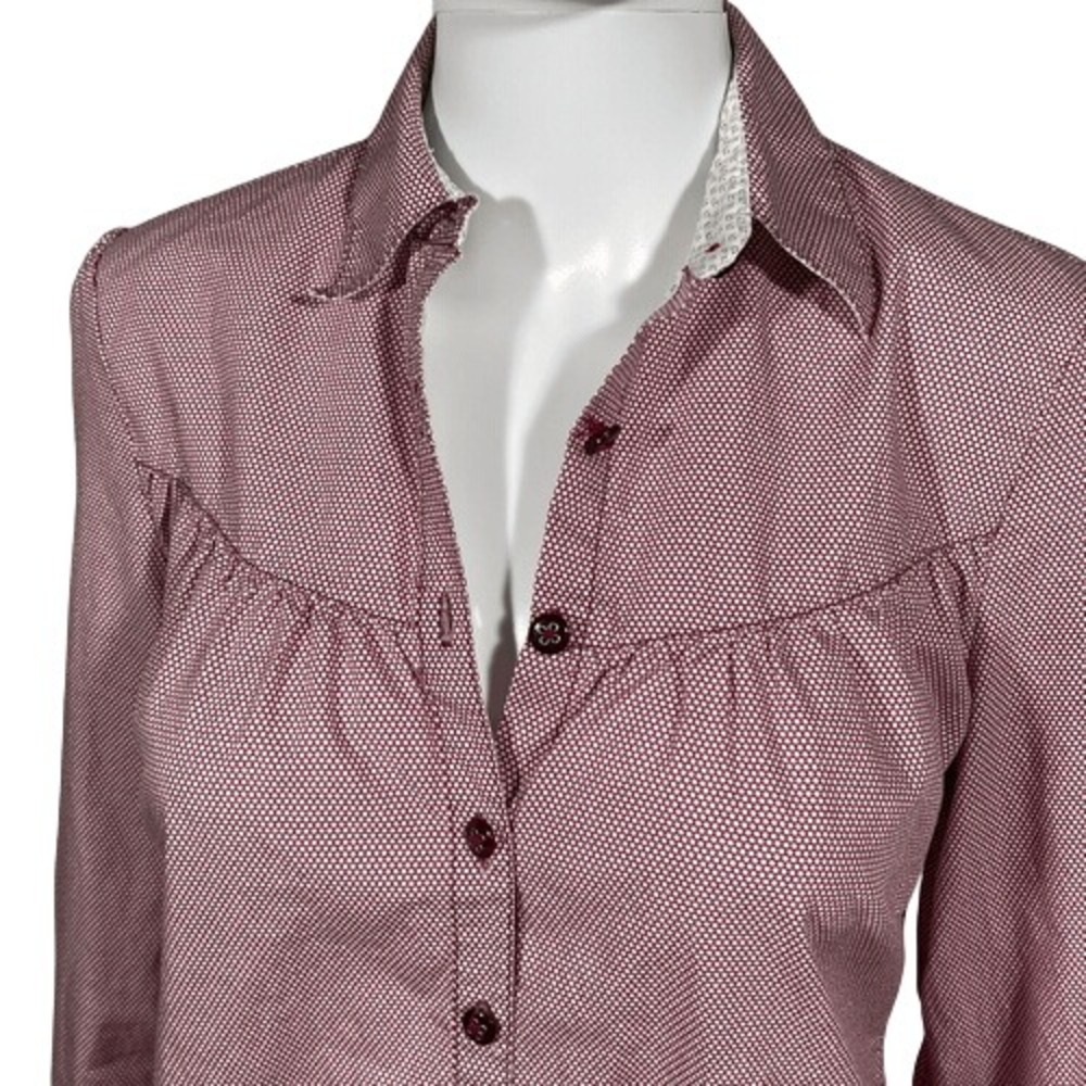 Trovata Polka Dot Dress Burgundy Button Front Cinched Waist Cotton Casual M - Picture 2 of 11
